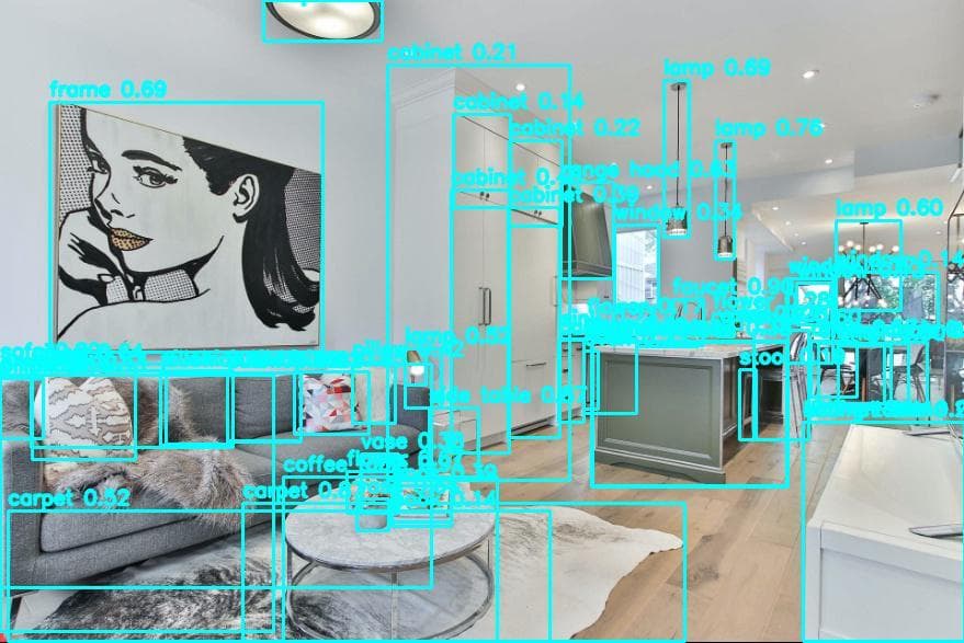 Kurat perception — YOLO detections with confidence, live indoor scene