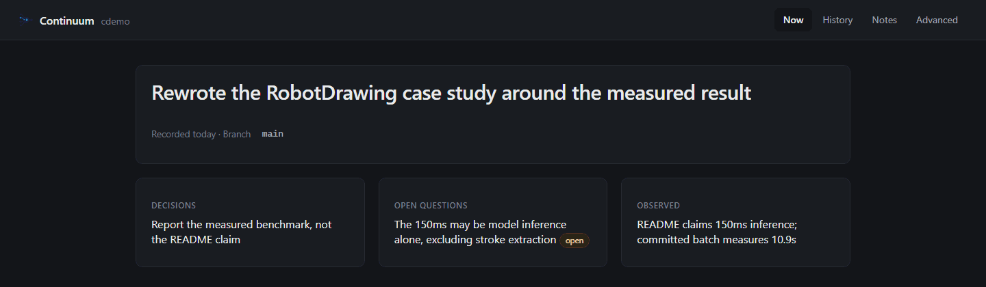 The Now view — current task, decisions taken, and open questions carried between agent sessions