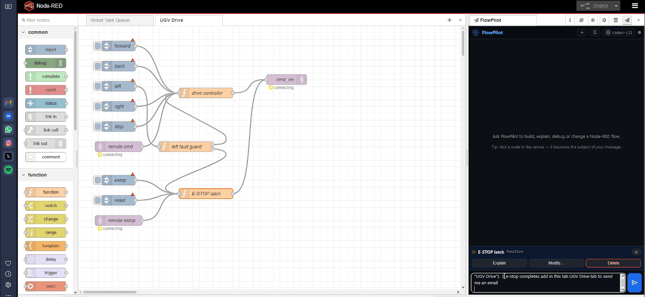 FlowPilot alongside a Node-RED UGV drive flow, drive controller, fault guard and an E-STOP latch selected for explanation