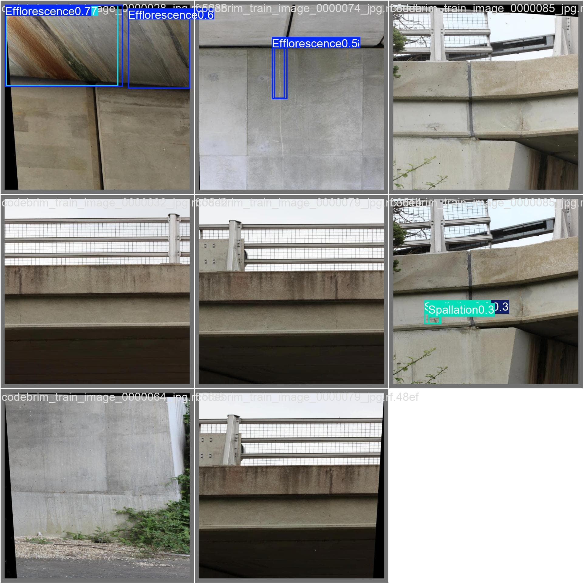 Detector output on held-out CODEBRIM bridge imagery — efflorescence and spallation, with confidences