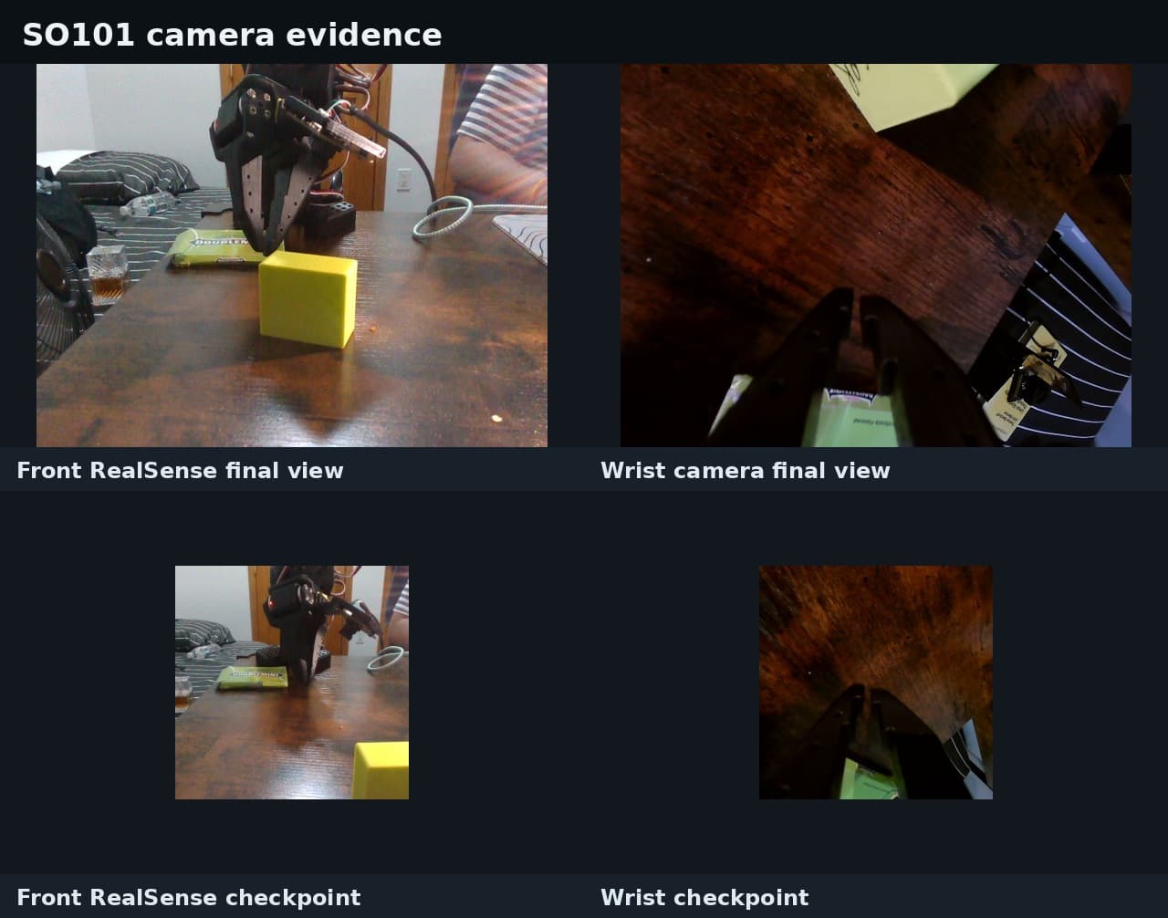 SO101 camera evidence, front RealSense and wrist views