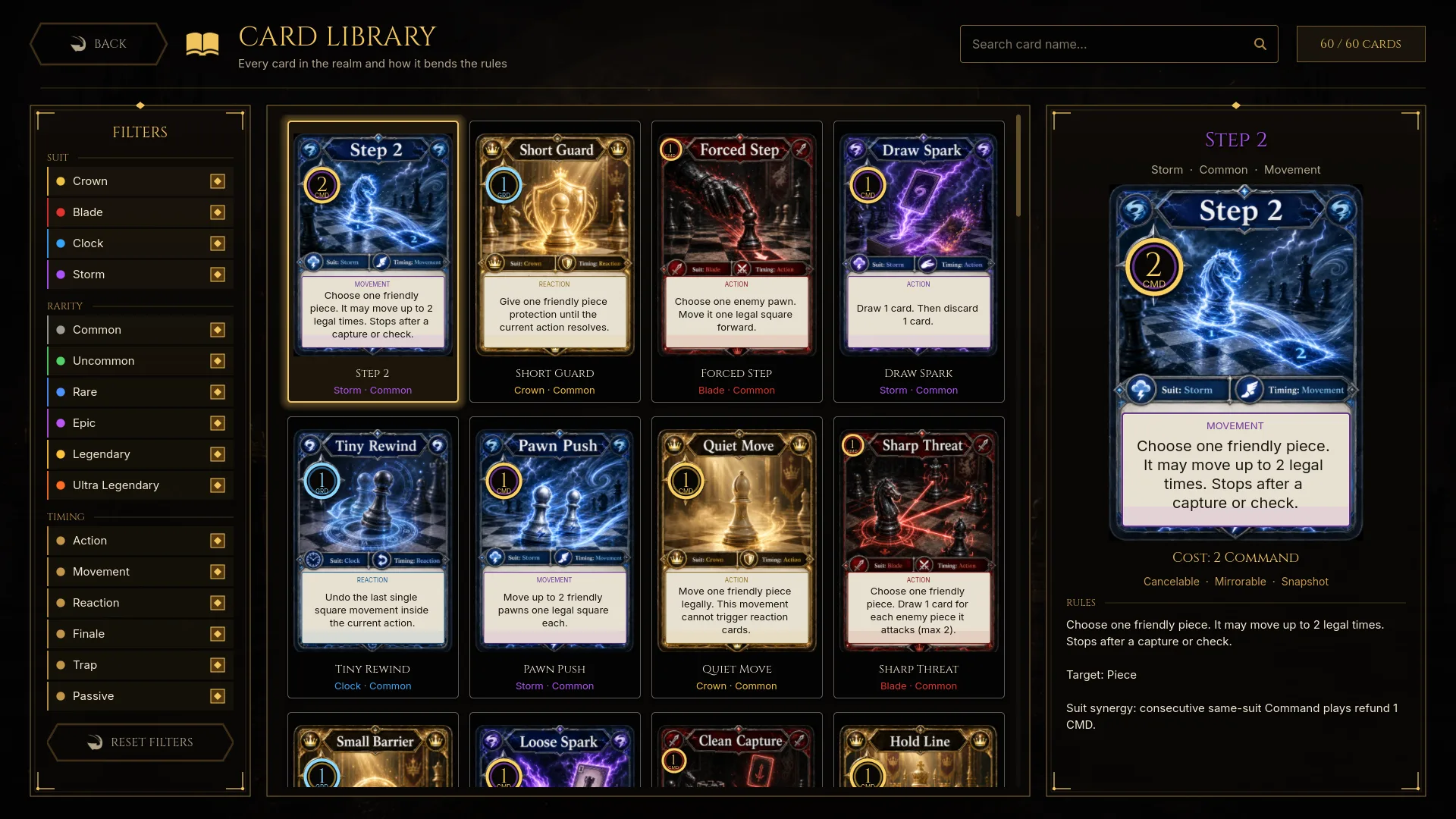 The card library, 64 cards across four suits