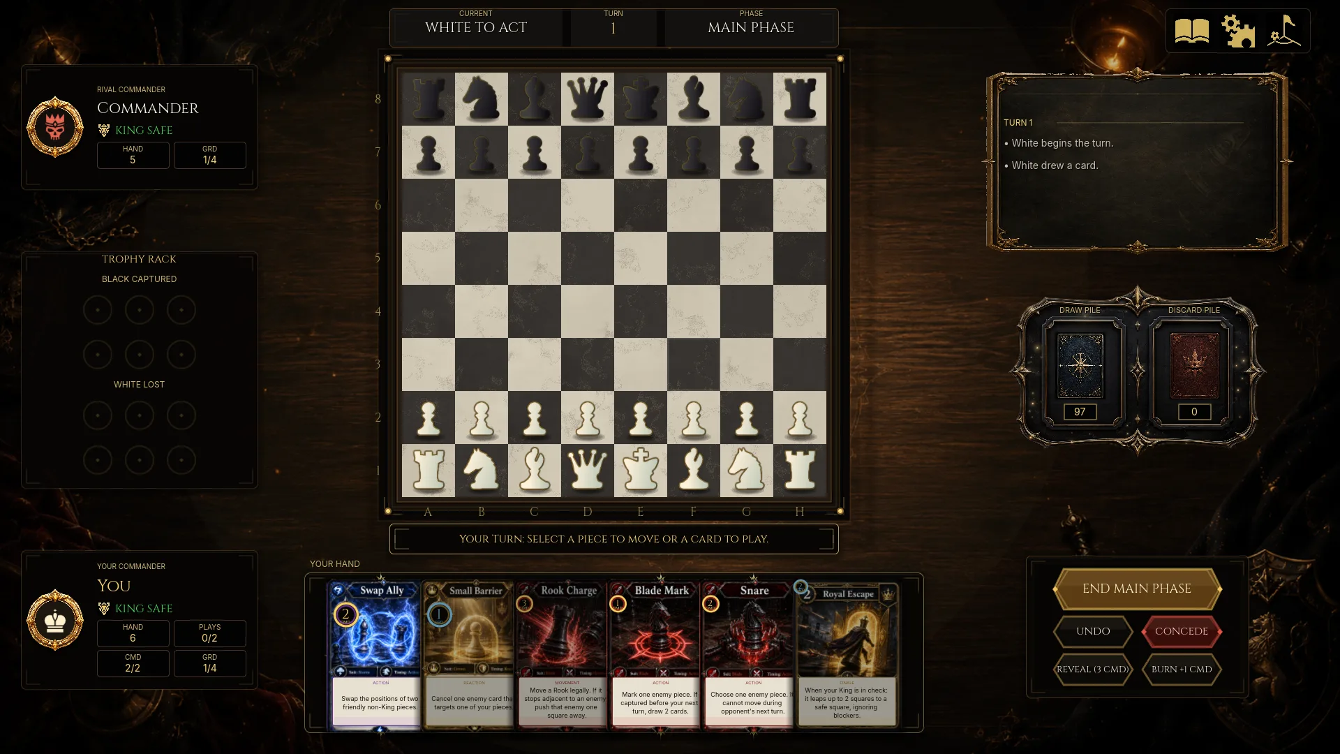 A game in progress: the chess board with the card hand